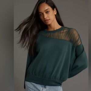 Anthropologie Maeve Green Sheer-Shoulder Pullover Top size L